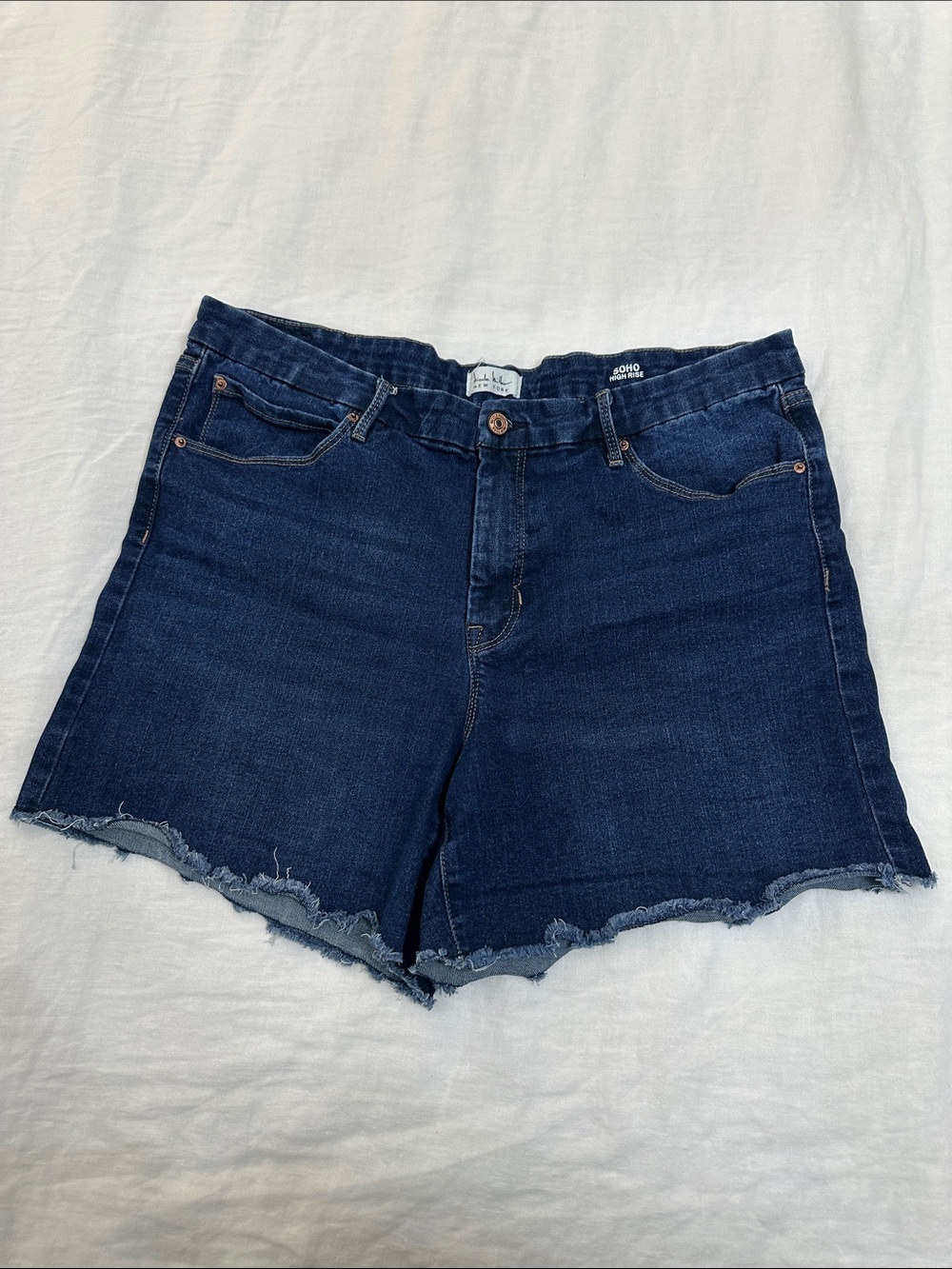 Nicole Miller Dark Blue Frayed-Hem Denim Shorts
